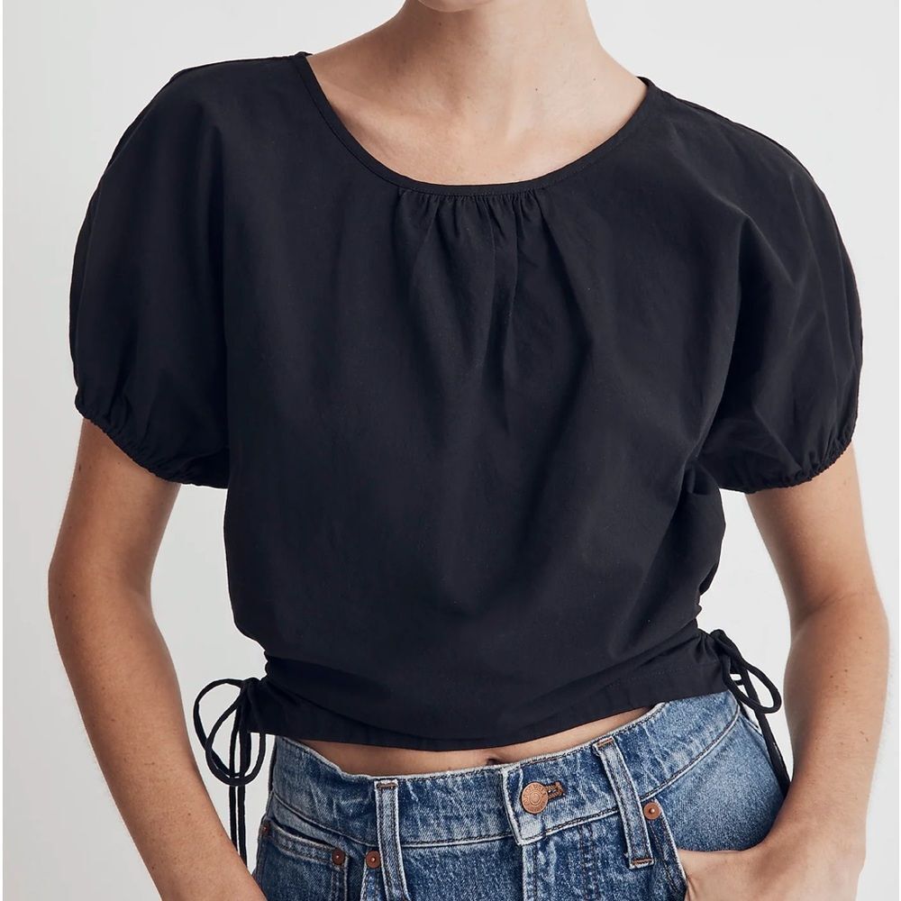 Poplin Puff-Sleeve Cutout Crop Top